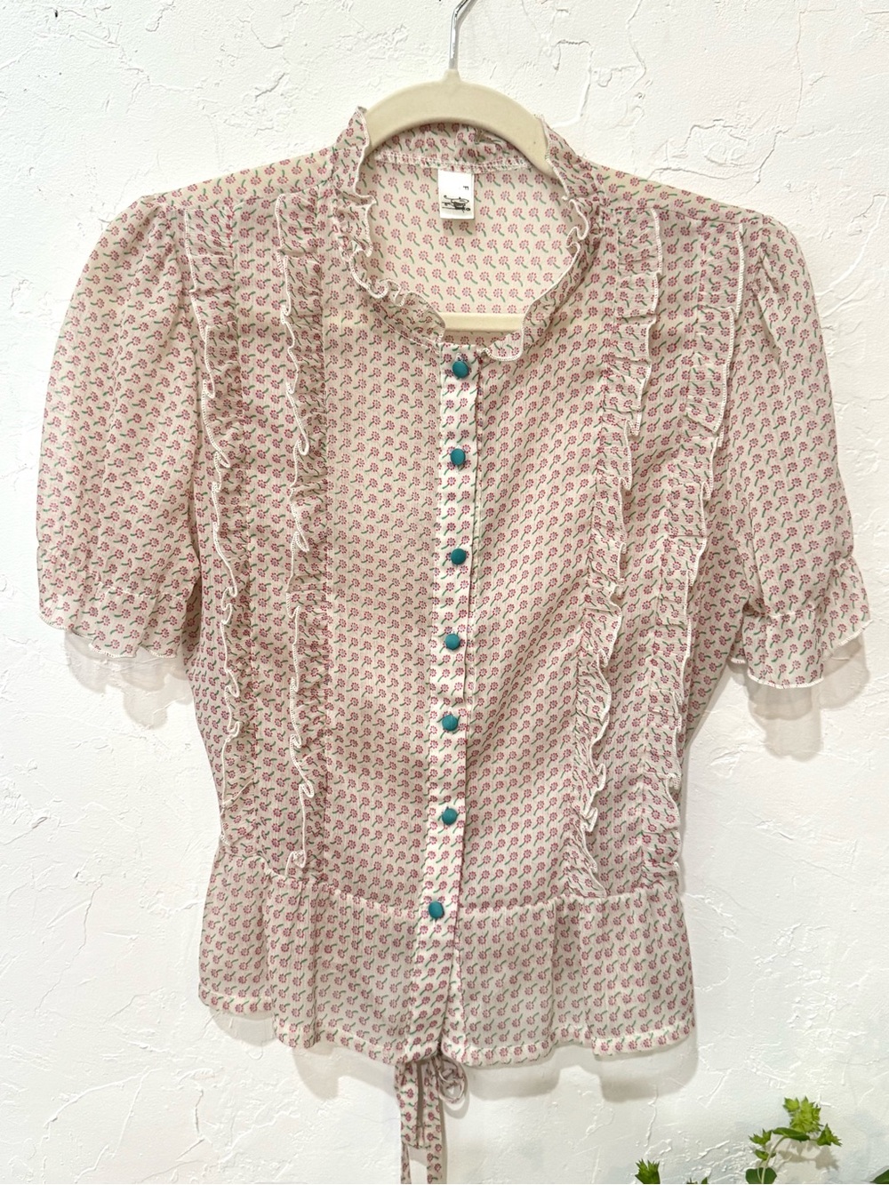 Vintage-Inspired Floral Ruffle Peplum Blouse Cottagecore Tie Back Top S - Picture 2 of 8